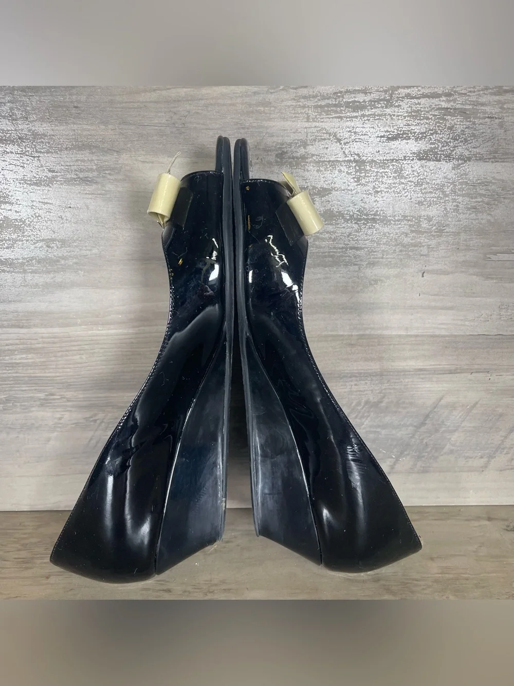Kate Spade 8.5 Tilda Black Patent Doe Bow Stud Slip On Low Wedges W/Box And Bag‎